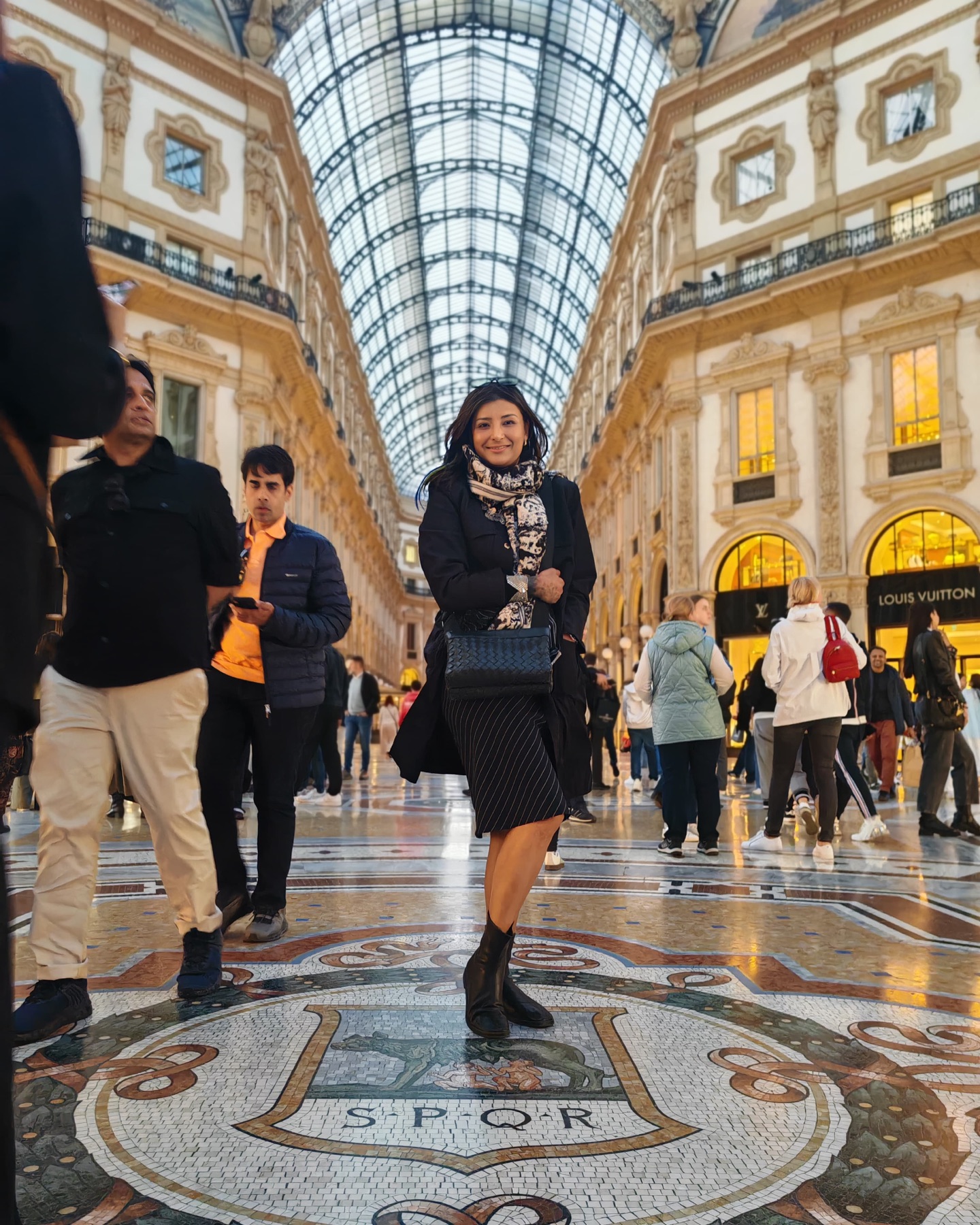 Pallavi on the mosaic floor of the Galleria Vittorio Emanuele II in Milan